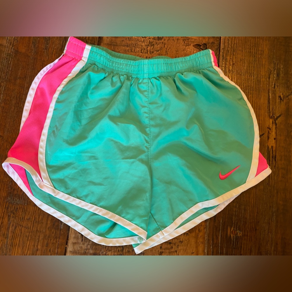 Nike Girls Sz 6X Running Shorts Green/Pink Dri-Fit Mesh Lining